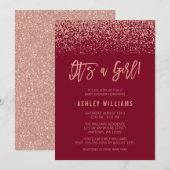 Modern Burgundy Roos Gold Glitter Girl Baby shower Kaart (Voorkant / Achterkant)