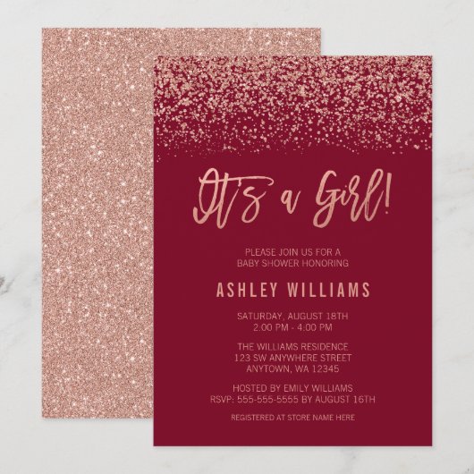 Modern Burgundy Roos Gold Glitter Girl Baby shower Kaart (Voorkant / Achterkant)
