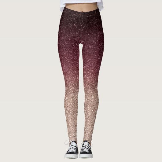 Modern Burgundy & Roos Gold Glitter Ombre Leggings (Voorkant)