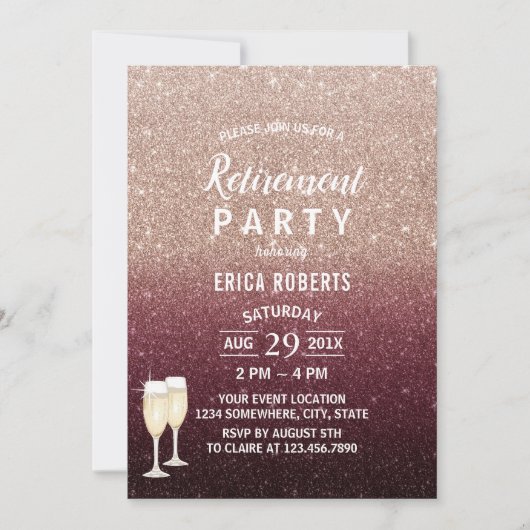 Modern Burgundy Roos Gold Glitter Retirement Party Kaart (Voorkant)