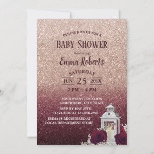 Modern Burgundy & Roos Gold Lantern Baby shower Kaart