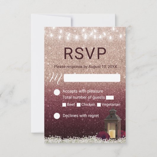 Modern Burgundy Roos Gold Lantern Wedding RSVP Kaartje (Voorkant)