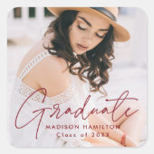 Modern Burgundy Script Afstuderen Foto Vierkante Sticker (Voorkant)