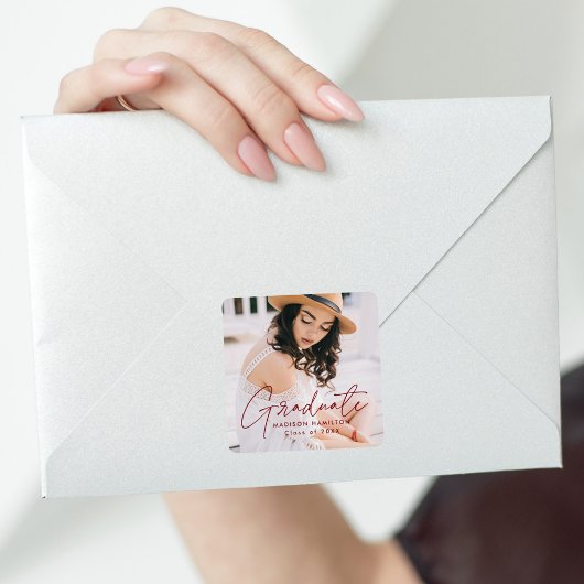 Modern Burgundy Script Afstuderen Foto Vierkante Sticker