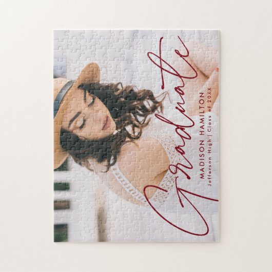 Modern Burgundy Script Photo Afstuderen Legpuzzel (Verticaal)