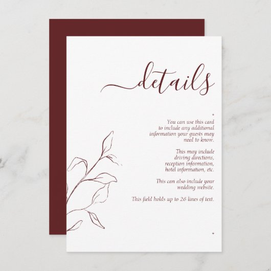 Modern Burgundy Script Wedding Details Enclosure Informatiekaartje (Voorkant / Achterkant)