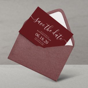Modern Burgundy Script Wedding Save the Date Kaart