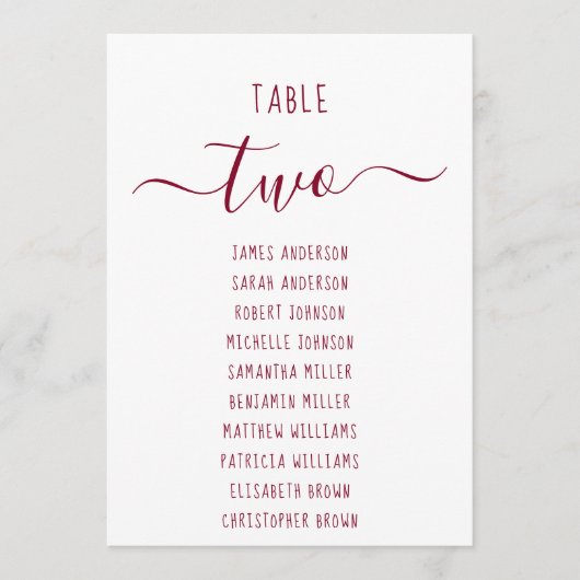 Modern Burgundy Script White Seating Chart Card (Voorkant)