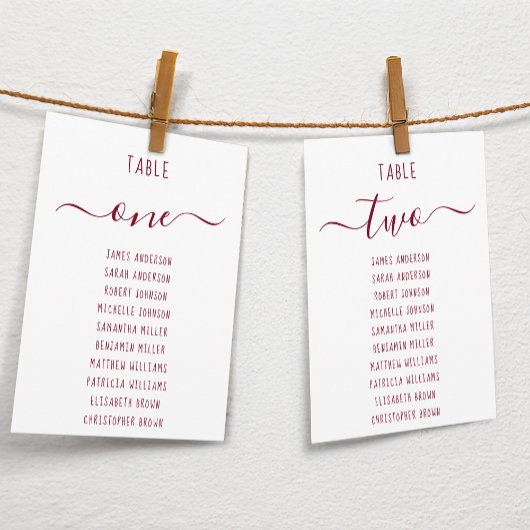 Modern Burgundy Script White Seating Chart Card