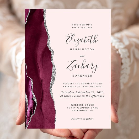 Modern Burgundy Silver Agate Blush Pink Wedding Kaart