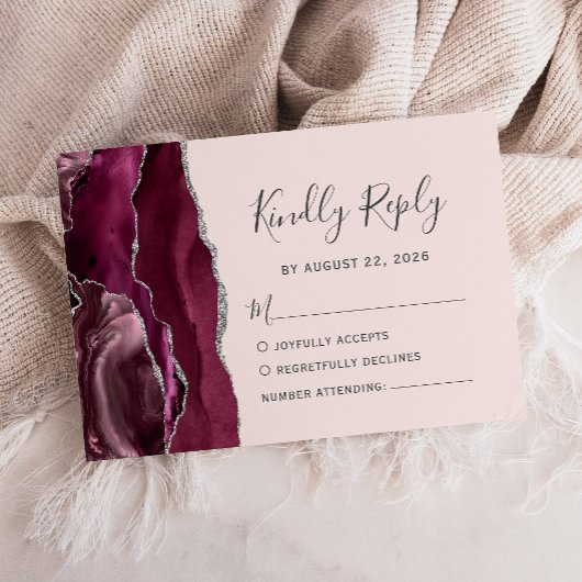 Modern Burgundy Silver Agate Blush Pink Wedding RSVP Kaartje