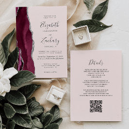 Modern Burgundy Silver Agate Blush QR Code Wedding Kaart