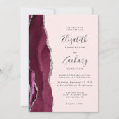 Modern Burgundy Silver Agate Blush QR Code Wedding Kaart (Voorkant)