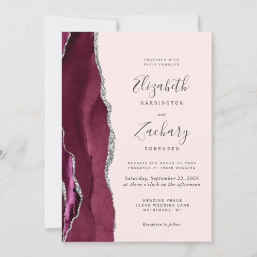 Modern Burgundy Silver Agate Blush QR Code Wedding Kaart (Voorkant)