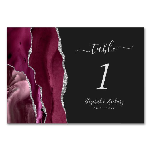 Modern Burgundy Silver Agate Dark Wedding Kaart (Achterkant)