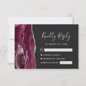 Modern Burgundy Silver Agate Dark Wedding RSVP Kaartje (Voorkant)