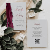 Modern Burgundy Silver Agate Gray QR Code Wedding Kaart