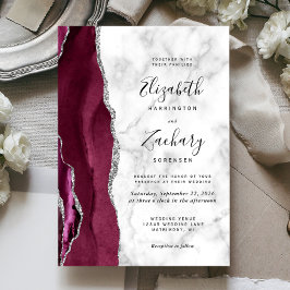 Modern Burgundy Silver Agate Marble Wedding Kaart