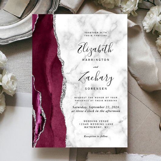 Modern Burgundy Silver Agate Marble Wedding Kaart