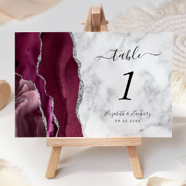 Modern Burgundy Silver Agate Marble Wedding Kaart