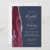 Modern Burgundy Silver Agate Navy Blue Wedding Kaart (Voorkant)