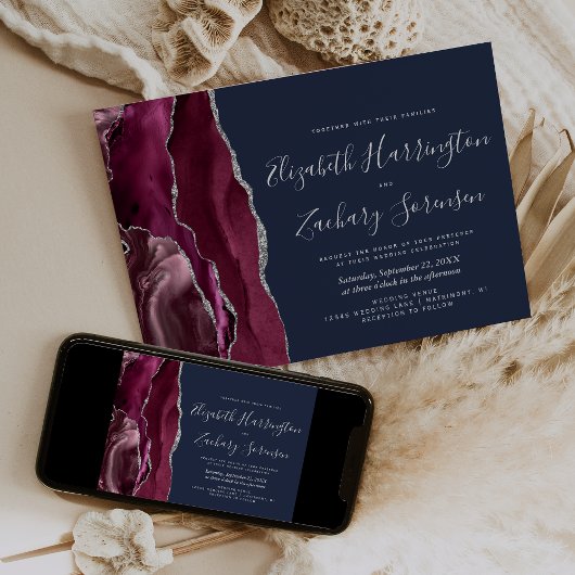 Modern Burgundy Silver Agate Navy Blue Wedding Kaart