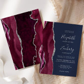 Modern Burgundy Silver Agate Navy Blue Wedding Kaart