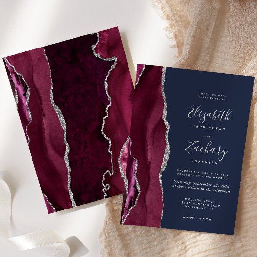 Modern Burgundy Silver Agate Navy Blue Wedding Kaart