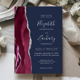 Modern Burgundy Silver Agate Navy Blue Wedding Kaart