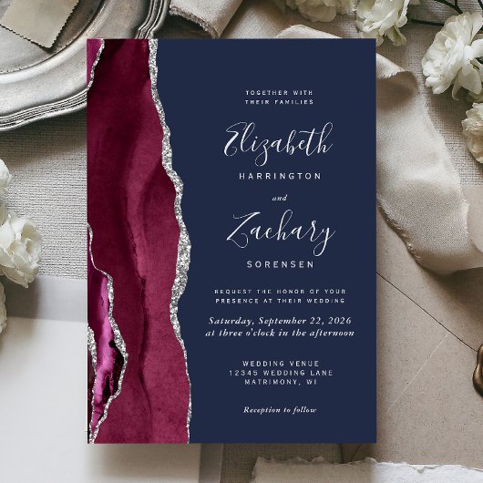 Modern Burgundy Silver Agate Navy Blue Wedding Kaart