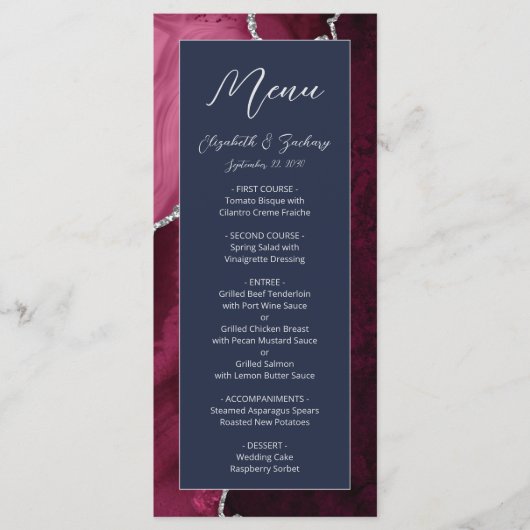 Modern Burgundy Silver Agate Navy Blue Wedding Menu (Voorkant)