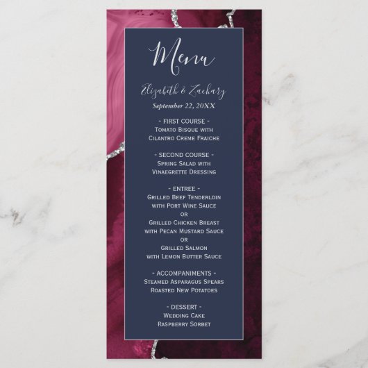 Modern Burgundy Silver Agate Navy Blue Wedding Menu (Voorkant)