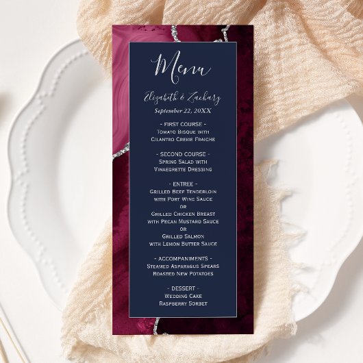 Modern Burgundy Silver Agate Navy Blue Wedding Menu