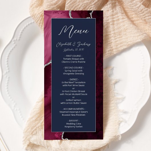 Modern Burgundy Silver Agate Navy Blue Wedding Menu