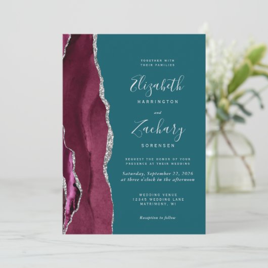 Modern Burgundy Silver Agate Teal Blue Wedding Kaart (Staand voorkant)