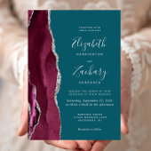 Modern Burgundy Silver Agate Teal Blue Wedding Kaart