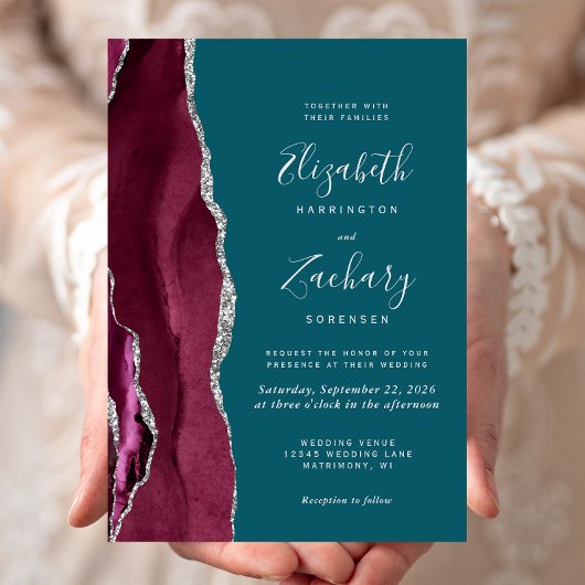 Modern Burgundy Silver Agate Teal Blue Wedding Kaart