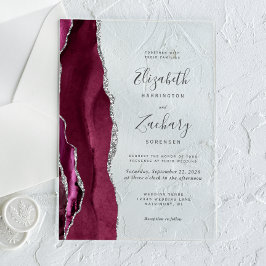 Modern Burgundy Silver Agate Wedding Acryl Uitnodigingen