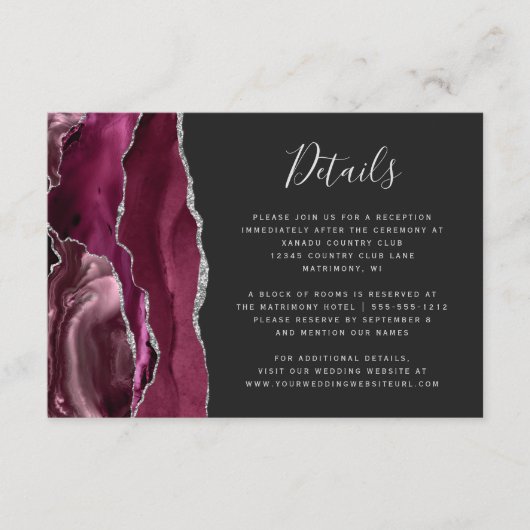 Modern Burgundy Silver Agate Wedding Details Informatiekaartje (Voorkant)