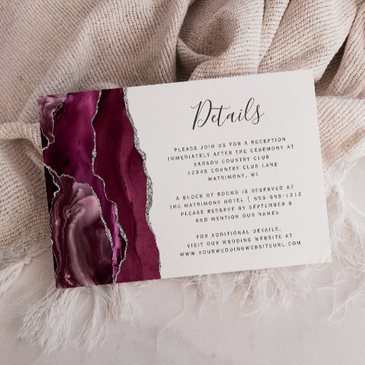 Modern Burgundy Silver Agate Wedding Details Informatiekaartje