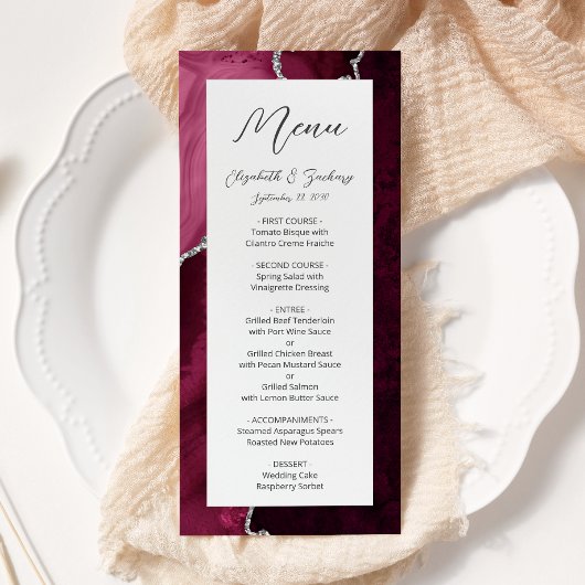Modern Burgundy Silver Agate Wedding Menu