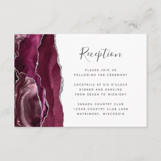 Modern Burgundy Silver Agate Wedding Reception Informatiekaartje (Voorkant)