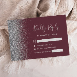 Modern Burgundy Silver Faux Glitter Edge RSVP Kaartje