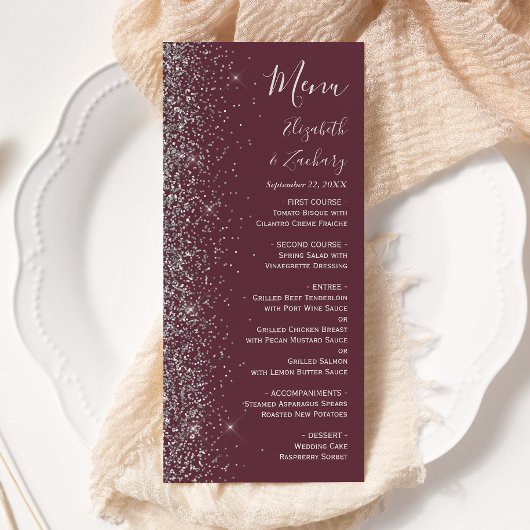 Modern Burgundy Silver Glitter Edge Wedding Menu