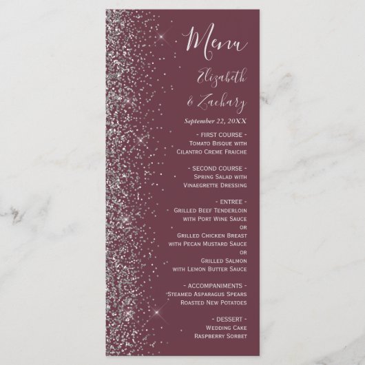 Modern Burgundy Silver Glitter Edge Wedding Menu (Voorkant)