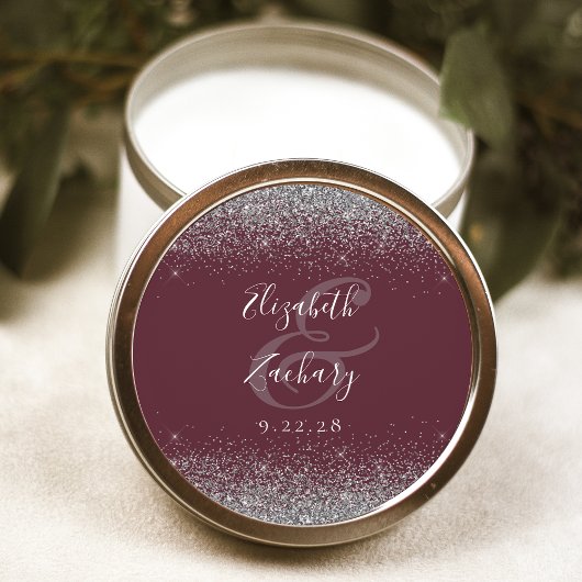 Modern Burgundy Silver Glitter Edge Wedding Ronde Sticker