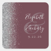 Modern Burgundy Silver Glitter Edge Wedding Vierkante Sticker (Voorkant)