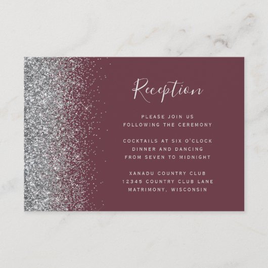 Modern Burgundy Silver Glitter Wedding Reception Informatiekaartje (Voorkant)