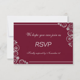 Modern Burgundy Silver Gray Floral Wedding RSVP Kaartje