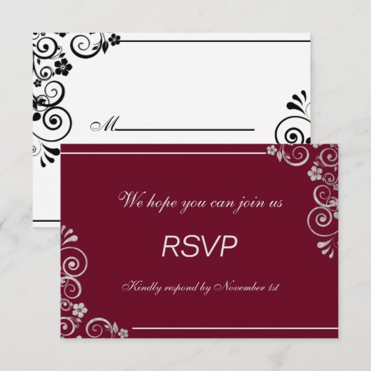 Modern Burgundy Silver Gray Floral Wedding RSVP Kaartje (Voorkant / Achterkant)